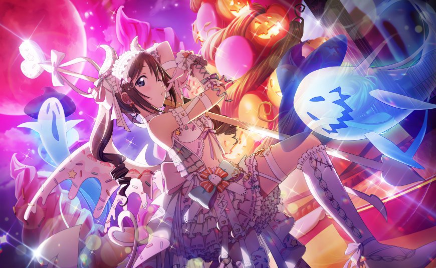 偶像大师灰姑娘女孩本田未央万圣节主题粉紫梦幻插画电脑壁纸