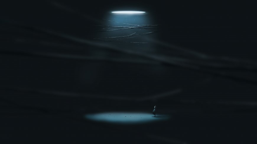 神秘光束笼罩孤独人影蓝黑暗调插画电脑壁纸