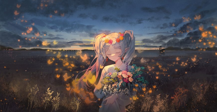 银发精灵少女花环捧花夜幕萤火梦幻蓝紫动漫电脑壁纸