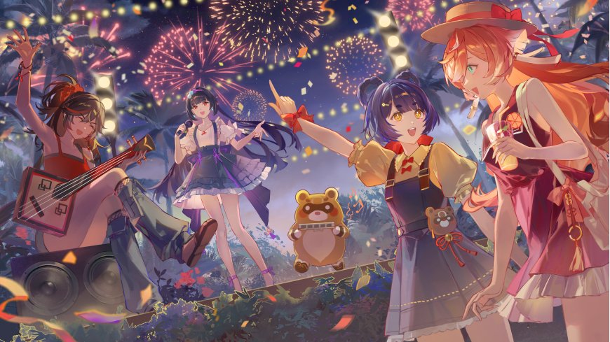 原神四位少女烟花夜宴欢庆粉紫动漫电脑壁纸