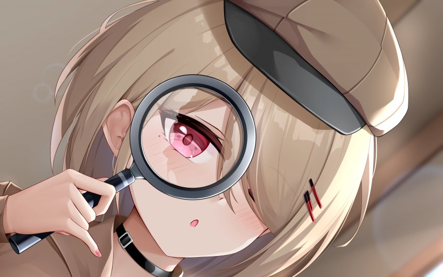 侦探少女手持放大镜特写粉瞳浅金发动漫电脑壁纸