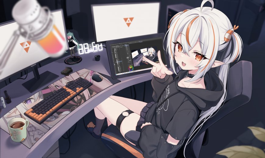 银发橙瞳精灵耳少女比耶坐姿动漫电脑壁纸