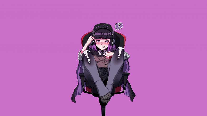 紫发少女戴耳机坐电竞椅疑惑表情粉紫动漫电脑壁纸