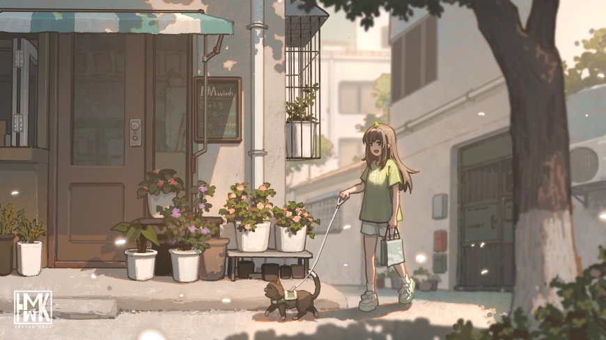 少女牵猫漫步街巷绿意清新动漫电脑壁纸