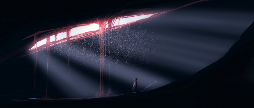 神秘光幕洒落星尘少女伫立暗蓝幻想插画电脑壁纸