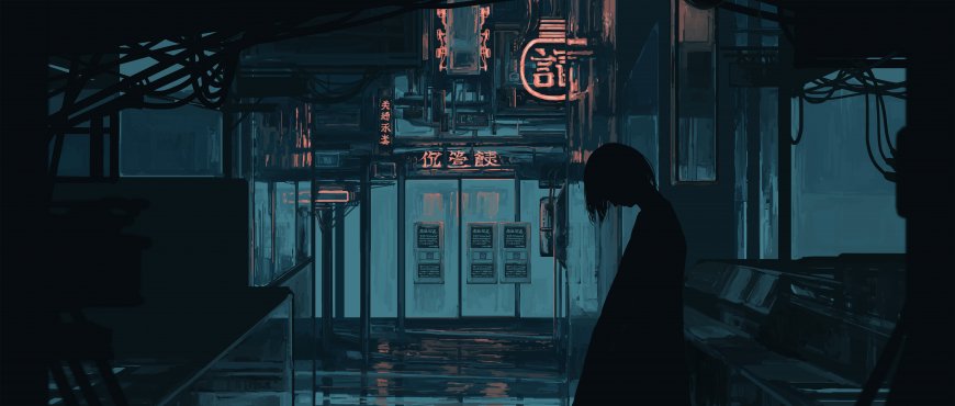 赛博朋克雨夜街道霓虹招牌少女剪影蓝黑科幻电脑壁纸