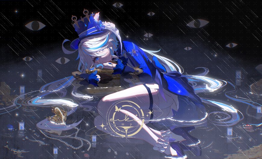 原神芙宁娜蓝白礼服皇冠少女水纹星空背景蓝紫动漫电脑壁纸