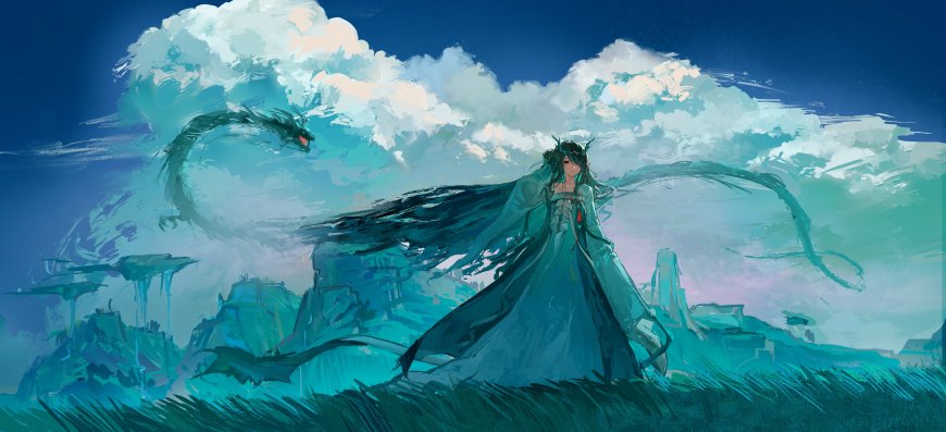 青衣少女与云中巨龙共舞蓝绿幻想动漫电脑壁纸