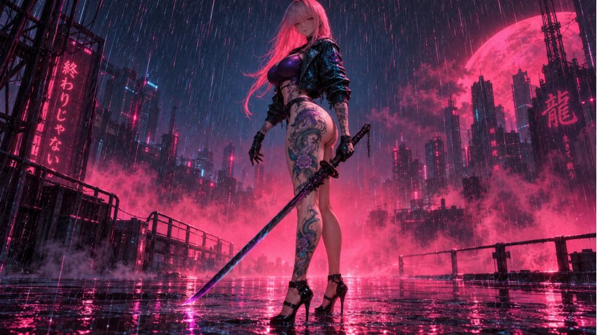 赛博朋克风格粉发少女持刀站立霓虹雨夜城市背景暗红紫调动漫电脑壁纸
