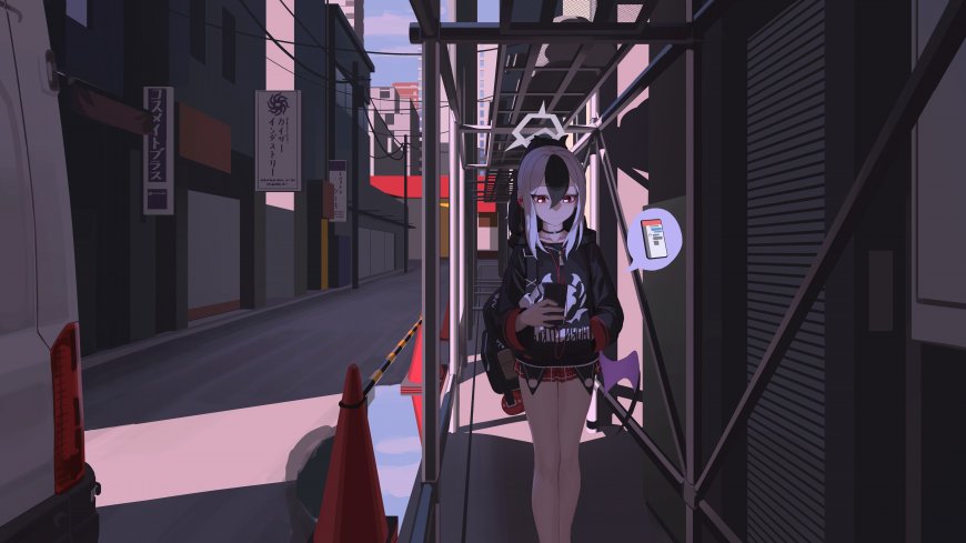 蔚蓝档案鬼方佳代子银发红瞳少女街头持手机紫灰动漫电脑壁纸