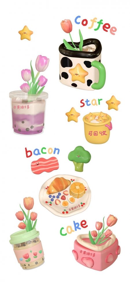 可爱甜品花朵星形装饰粉紫暖调创意插画手机壁纸