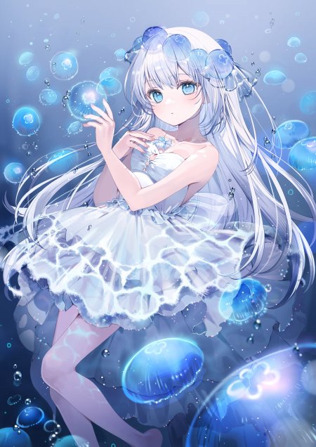 蓝发少女水母环绕梦幻蓝白动漫手机壁纸