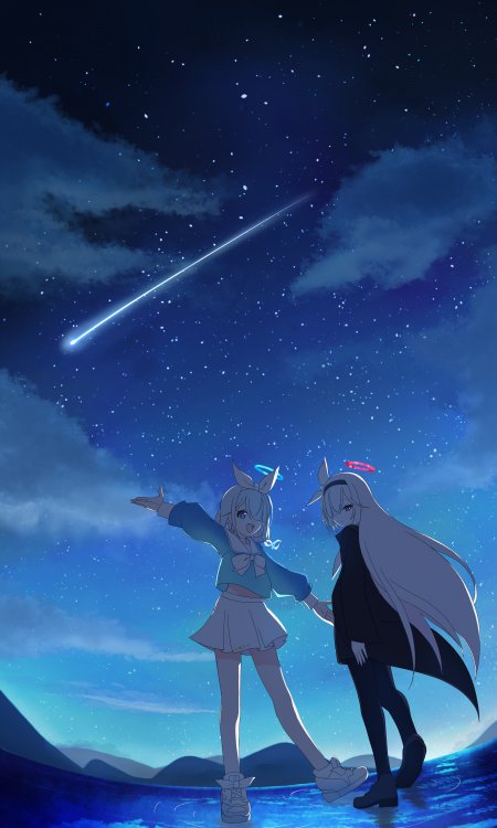 两位动漫少女仰望流星蓝紫星空奇幻手机壁纸