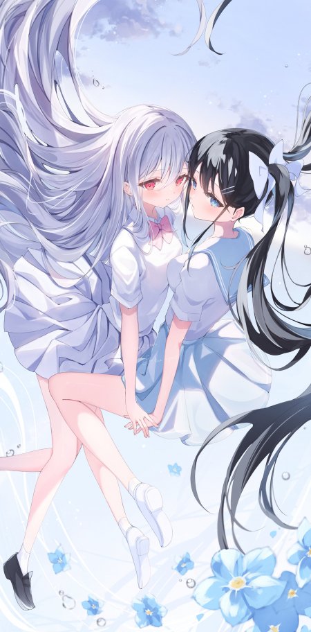两位动漫少女银发黑发相依蓝白梦幻唯美动漫手机壁纸