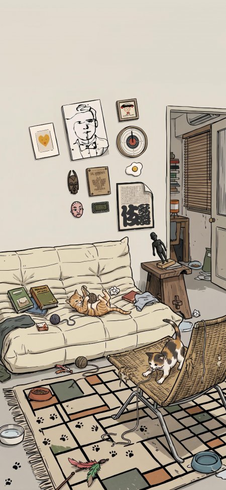 两只猫咪居家玩耍毛线球散落温馨插画手机壁纸