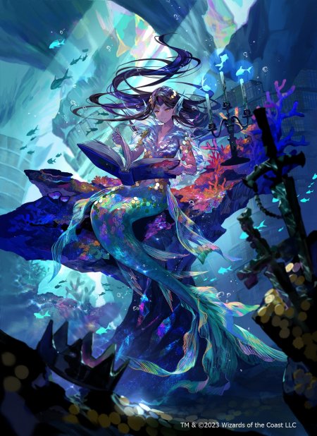 琉晶研究人鱼少女手持古籍坐于珊瑚礁上蓝紫幻彩动漫手机壁纸