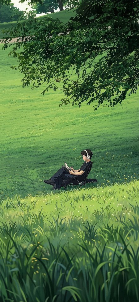 绿意盎然草地少年戴耳机读书侧影青翠动漫手机壁纸