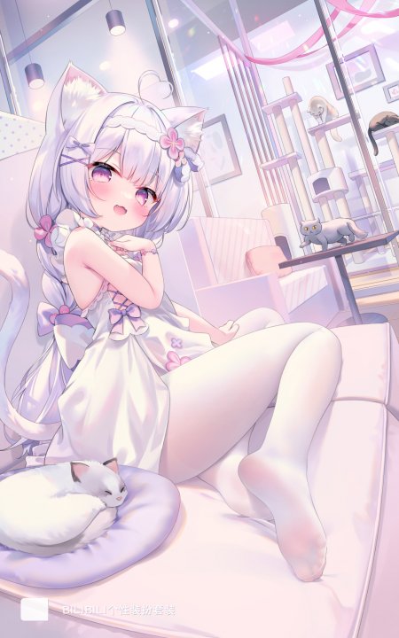 猫耳少女白裙坐沙发粉紫动漫手机壁纸