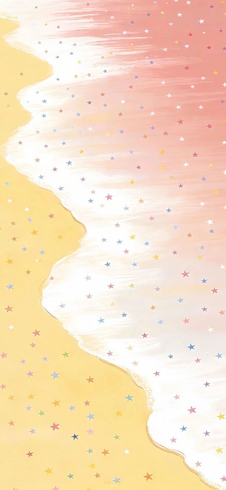 梦幻海滩星砂点缀粉黄渐变唯美插画手机壁纸