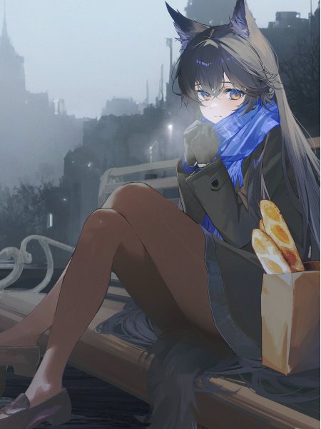 明日方舟德克萨斯猫耳少女坐长椅蓝围巾灰调动漫手机壁纸
