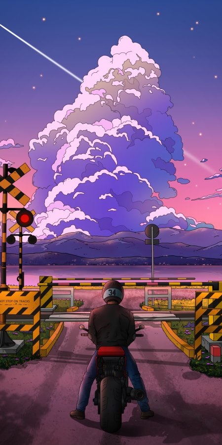 摩托车骑士铁路道口仰望紫粉云海星空插画手机壁纸