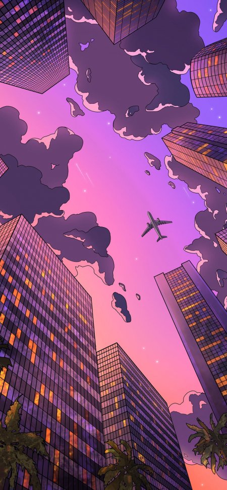 赛博朋克风格城市高楼林立紫粉渐变天空飞机创意插画手机壁纸