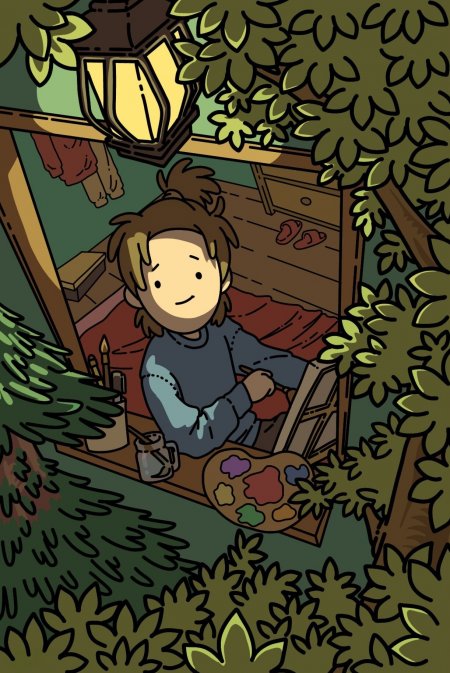 森林树屋中绘画的棕发少女暖绿动漫手机壁纸