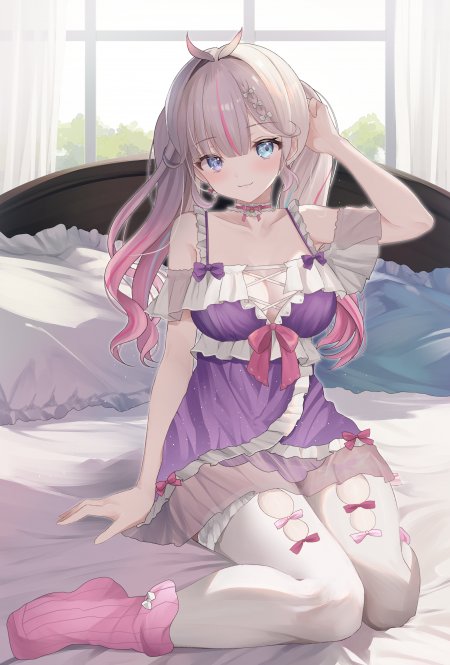 赛马娘目白麦昆粉紫长发少女跪坐床边柔光动漫手机壁纸