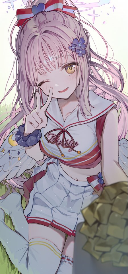 少女粉发比耶蓝白红水手服动漫手机壁纸