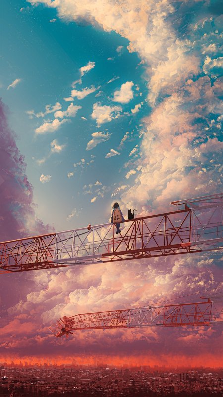 少女与黑猫伫立高空钢架眺望城市云海粉紫梦幻插画创意手机壁纸