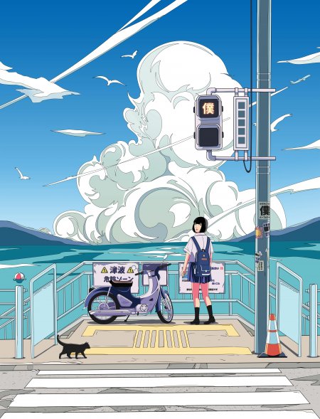 少女站台等车紫蓝踏板车黑猫相伴蓝白清新动漫手机壁纸