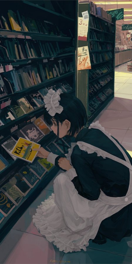 书店少女黑发白裙蹲读黄封面书籍蓝绿暗调动漫手机壁纸