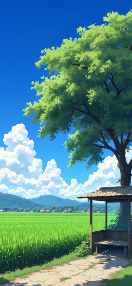 田园稻田青翠远山蓝天白云绿树凉亭唯美动漫插画手机壁纸