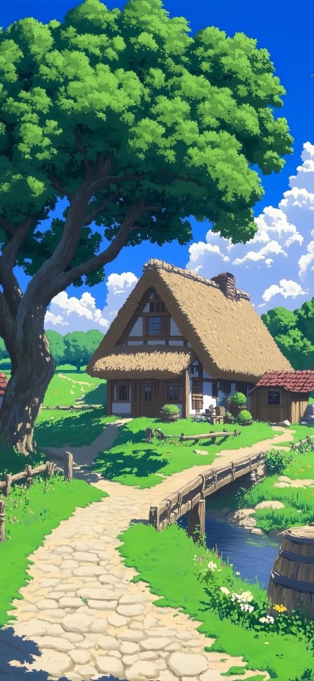 田园小屋茅草屋顶石径溪桥绿树蓝天唯美动漫插画手机壁纸