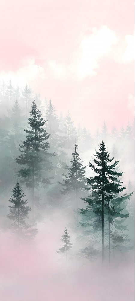 雾中松林层叠朦胧粉紫自然风景手机壁纸