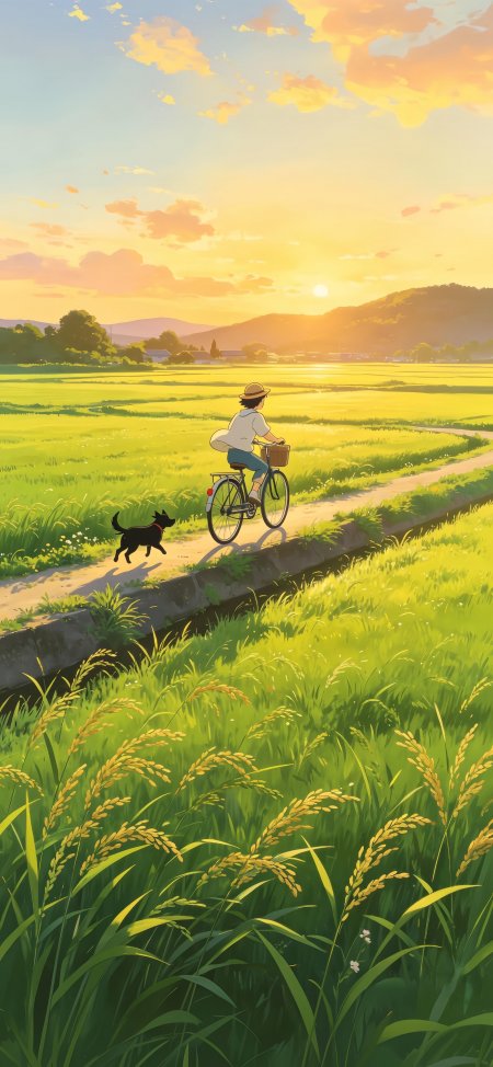 乡村田野夕阳下少年骑车黑犬奔跑金绿清新动漫手机壁纸