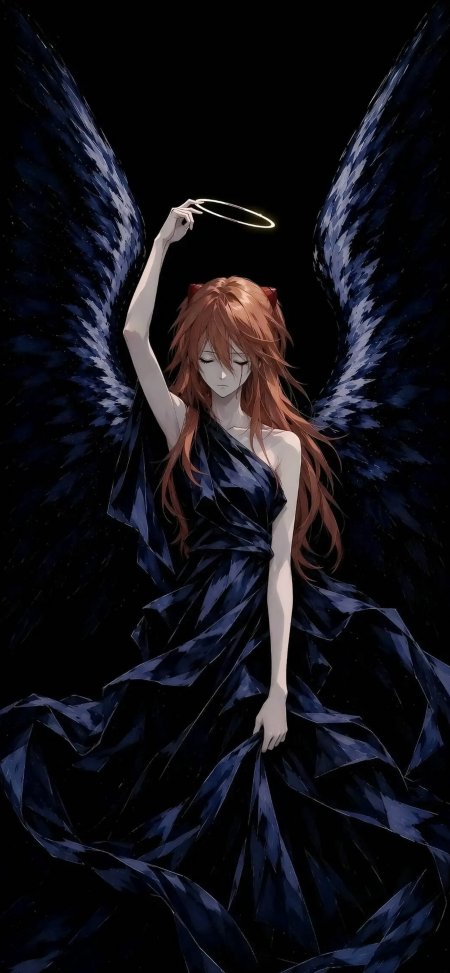 新世纪福音战士明日香黑翼光环少女暗蓝奇幻动漫手机壁纸