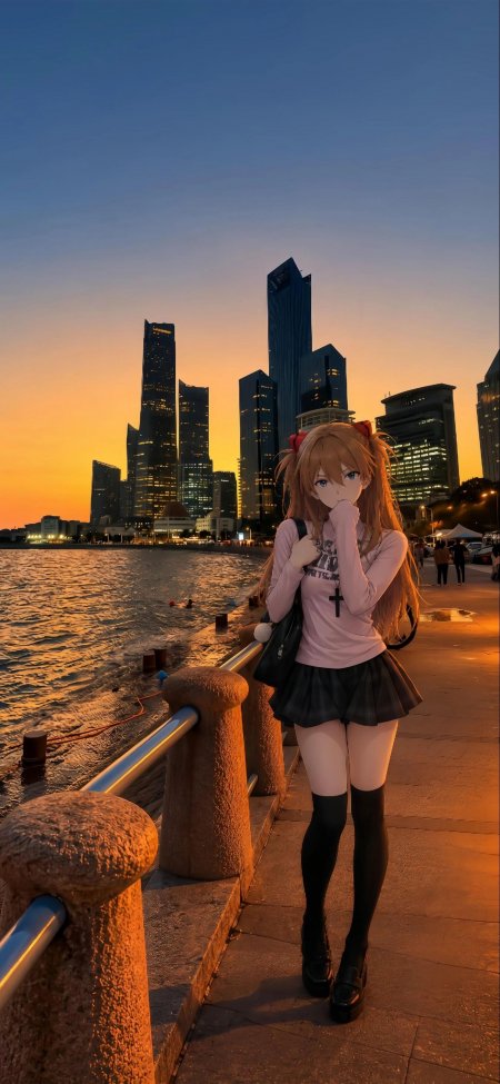 新世纪福音战士明日香海边黄昏城市背景粉紫动漫手机壁纸