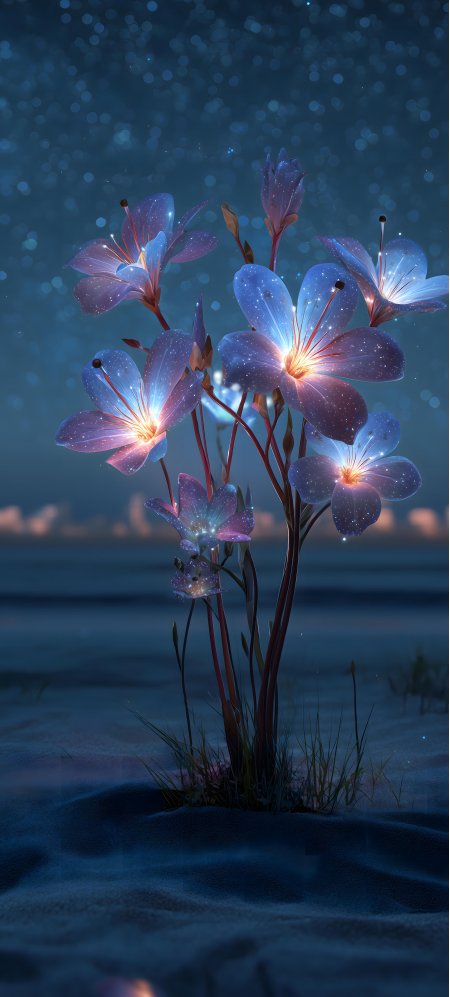 星空荧光百合花丛沙地夜景蓝紫梦幻花卉植物手机壁纸