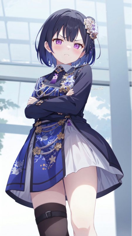 制服紫瞳少女双臂交叉傲娇表情动漫手机壁纸