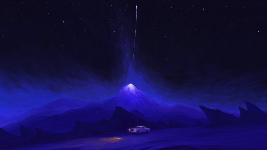 白色经典轿车夜路行驶深蓝星空山峰背景梦幻插画电脑壁纸