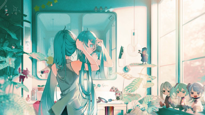 初音未来镜前整理长发青绿渐变动漫电脑壁纸
