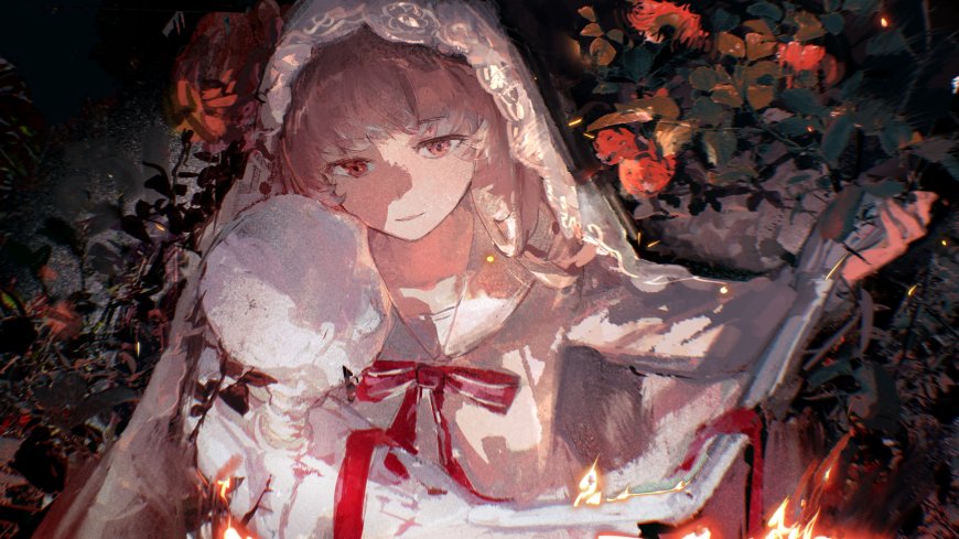 动漫少女白纱红瞳手持骷髅暗红唯美插画电脑壁纸