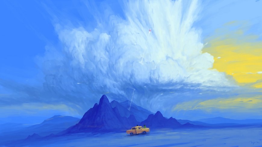 黄色皮卡沙漠远山云爆蓝黄创意绘画插画电脑壁纸