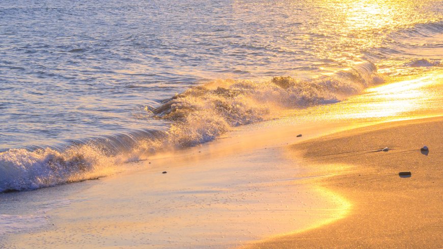 金色夕阳海浪轻拍沙滩暖金风景电脑壁纸