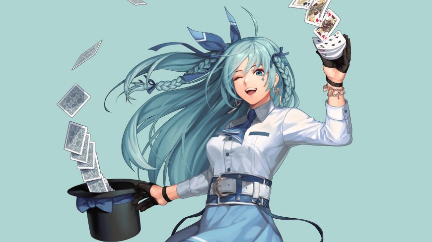 蓝发魔术师少女持帽抛牌青蓝动漫电脑壁纸