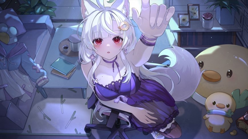 白发红瞳猫耳少女挥手坐椅紫裙动漫电脑壁纸