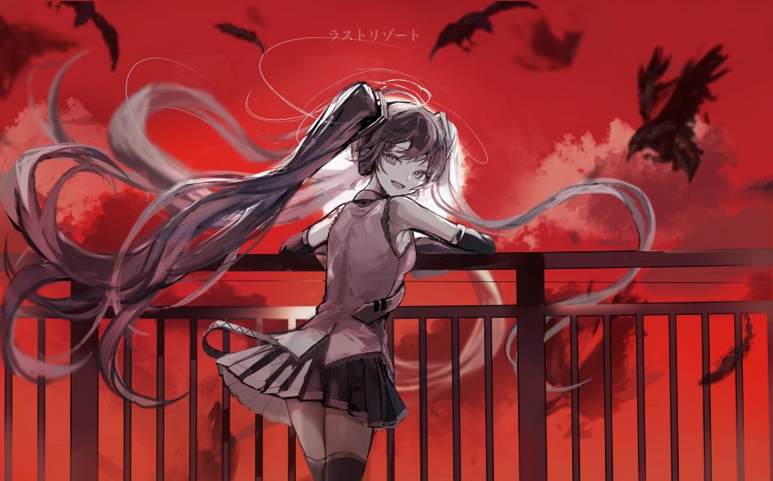 初音未来红黑背景双马尾少女动漫电脑壁纸