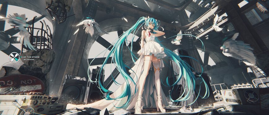 初音未来蓝发白裙废墟舞台青灰动漫电脑壁纸