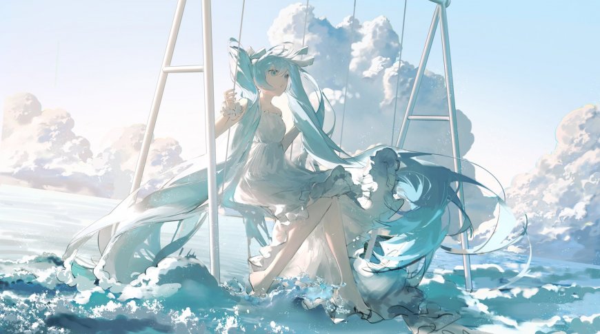 初音未来蓝发白裙秋千海浪蓝白动漫电脑壁纸
